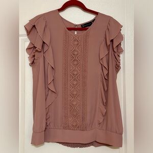 New York & Company Dusty Rose Ruffle Trim Embroidered Front Blouse